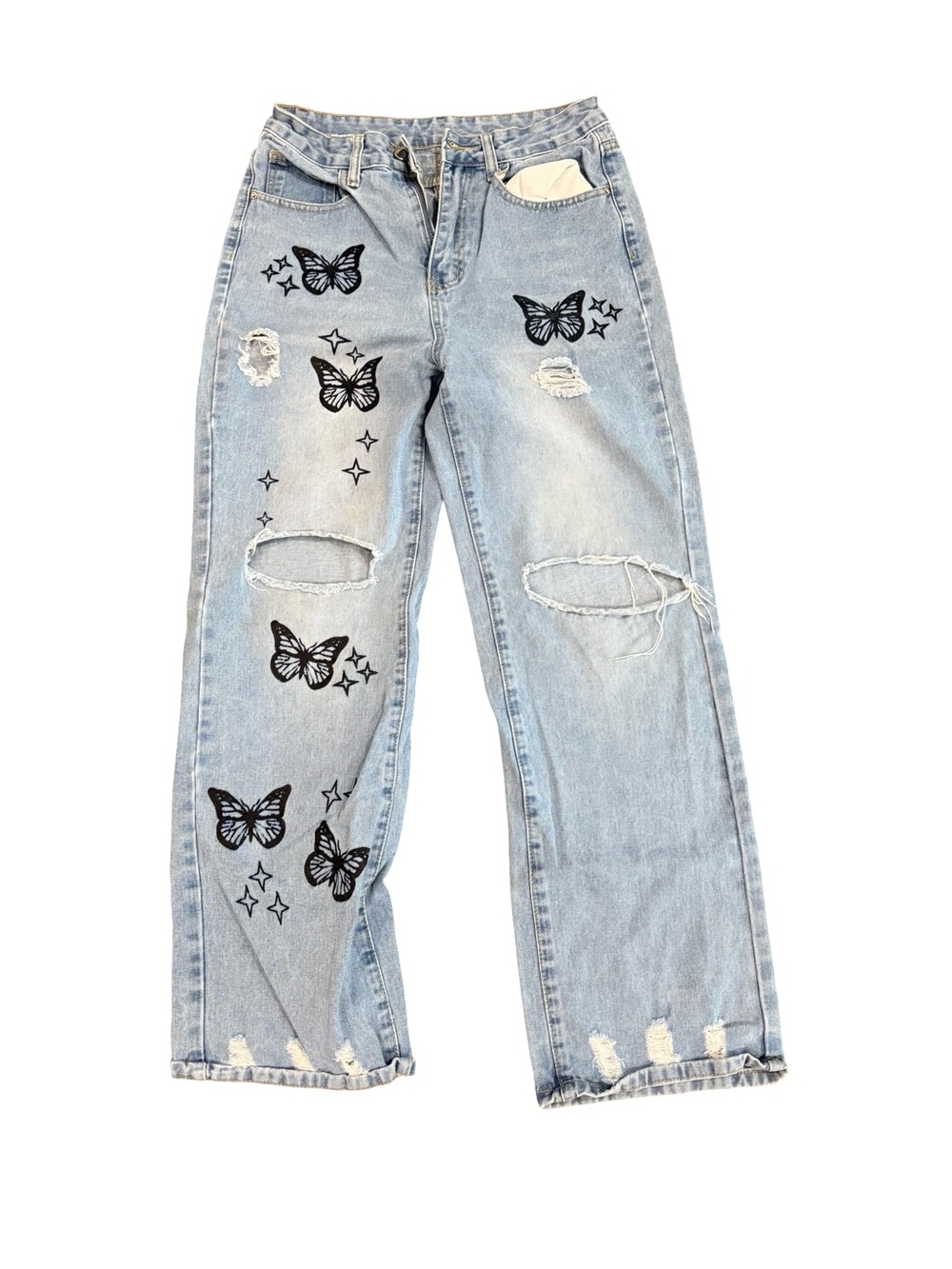 SHEIN Light Blue Distressed Jeans with Black Butterfly Prints